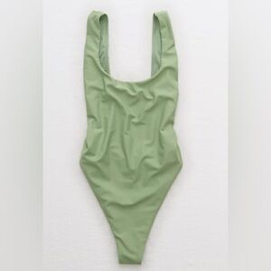 Aerie Sage Green Seamless High-Cut Bodysuit Swim Y2K Minimalist Sz M